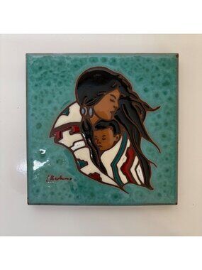 Earthtones Native Americans Ceramic Art Tile Trivet Signed L Kuhne